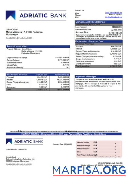 Downloadable Montenegro Adriatic Bank mortgage statement Word and PDF template
